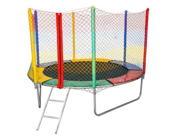 Pula-pula cama elástica colorido com rede de proteção e escadinha